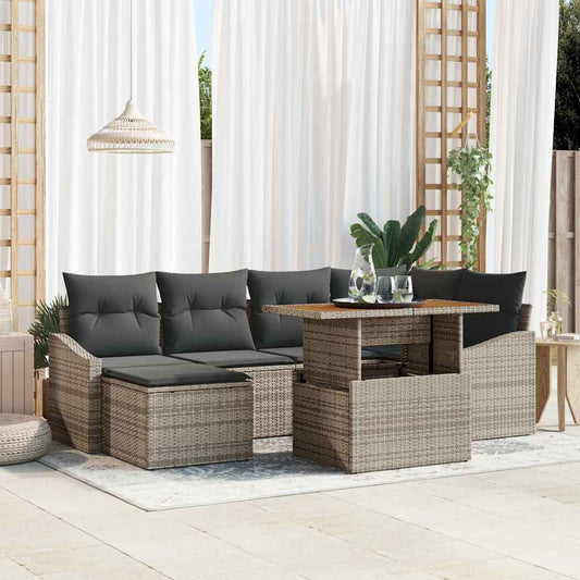 JUNG Vida Garten-Sofa-Set mit Speicher 7 pcs Grau Poly Rattan