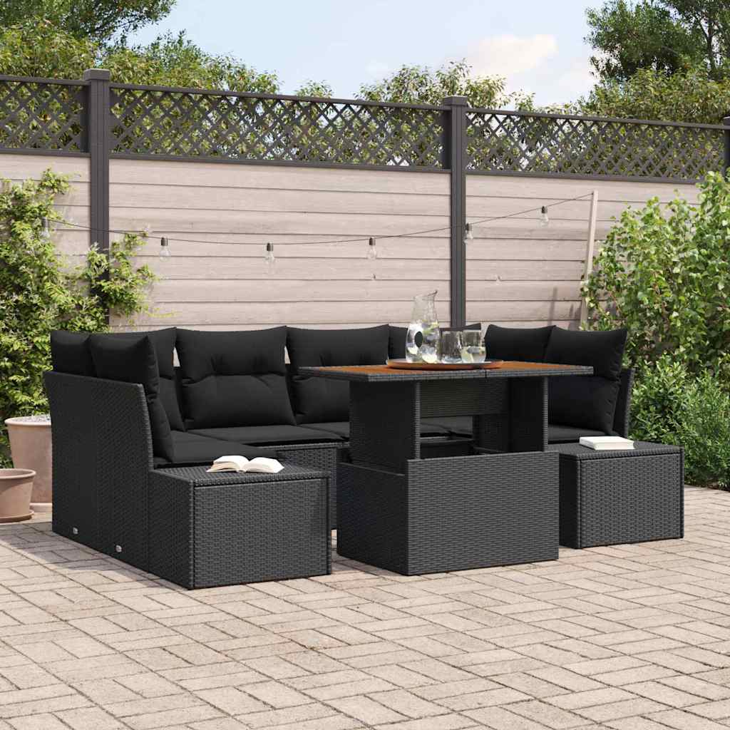 JUNG Vida Garten-Sofa-Set mit Speicher 7 pcs Schwarz Poly Rattan