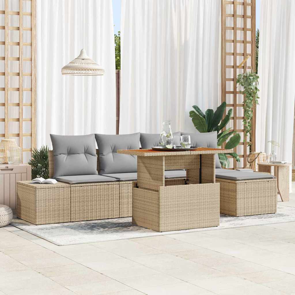 JUNG Vida Garten-Sofa-Set mit Speicher 6 pcs Beige Poly Rattan