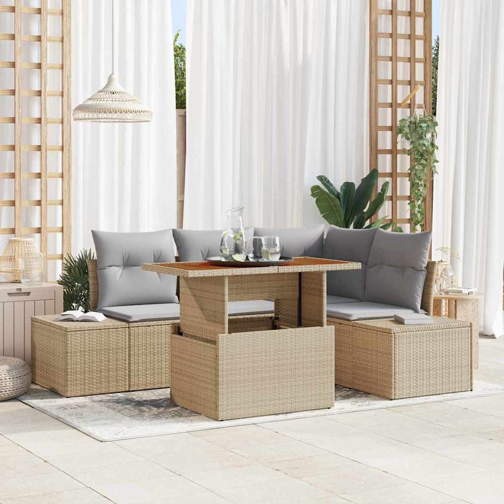 JUNG Vida Garten-Sofa-Set mit Speicher 5 pcs Beige Poly Rattan