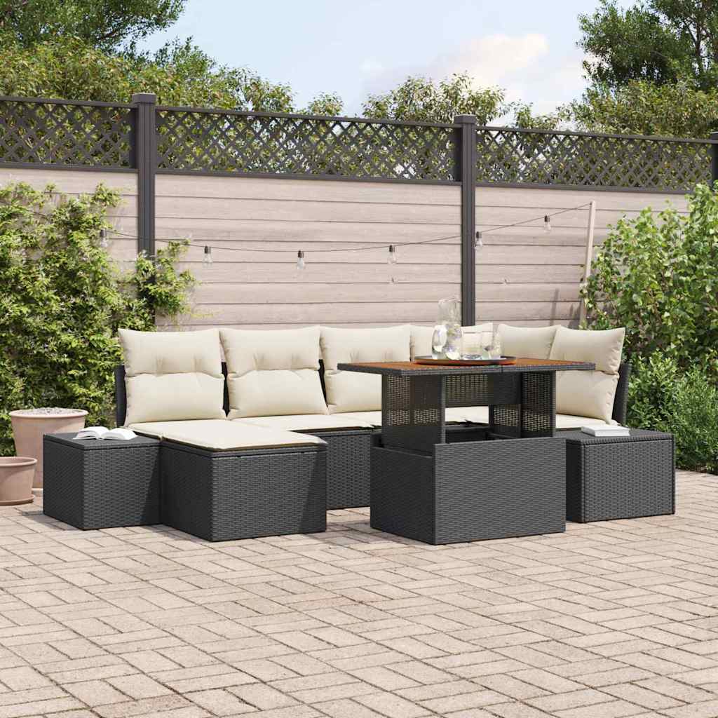 JUNG Vida Garten-Sofa-Set mit Speicher 7 pcs Schwarz Poly Rattan