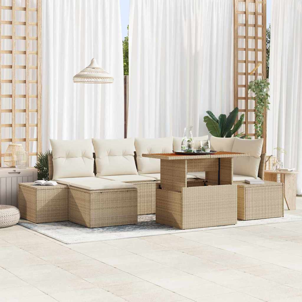 JUNG Vida Garten-Sofa-Set mit Speicher 7 pcs Beige Poly Rattan