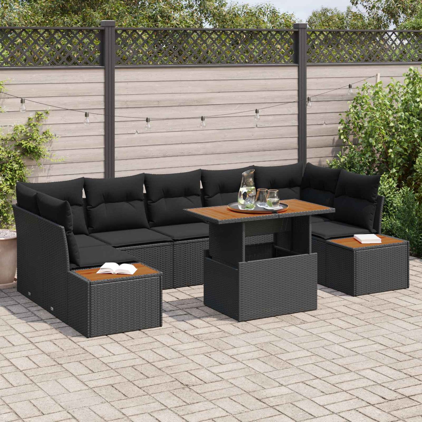 JUNG Vida Garten-Sofa-Set mit Speicher 8 pcs Schwarz Poly Rattan