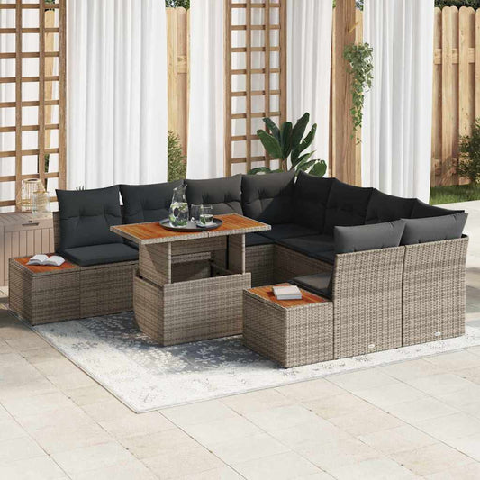JUNG Vida Garten-Sofa-Set mit Speicher 9 pcs Grau Poly Rattan
