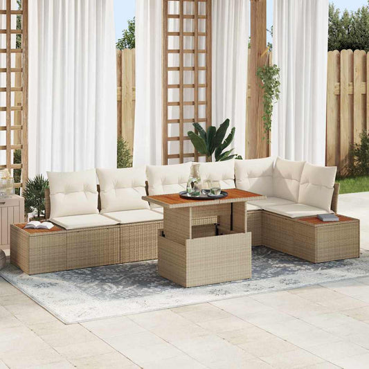 JUNG Vida Garten-Sofa-Set mit Speicher 7 pcs Beige Poly Rattan
