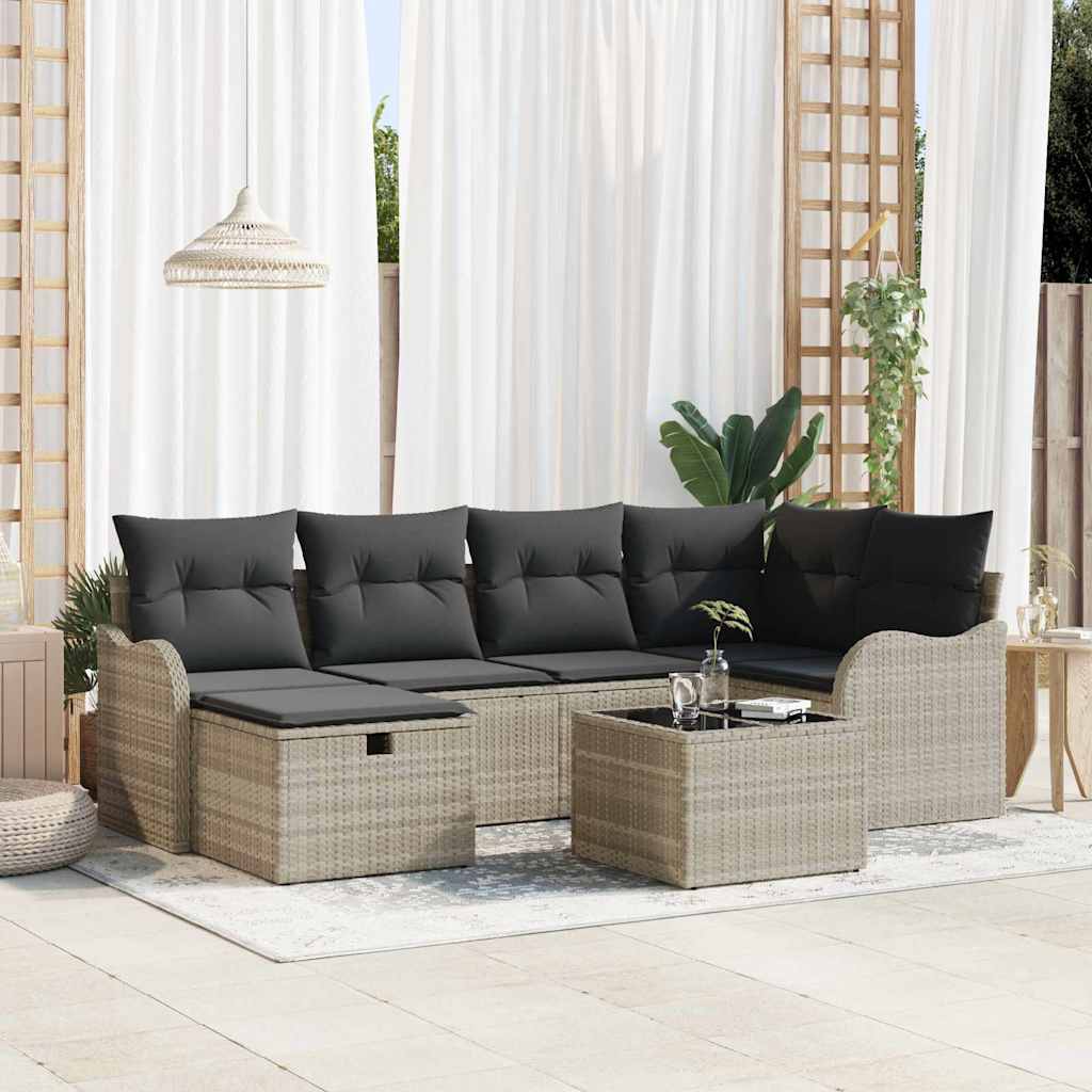 JUNG Vida Garten-Sofa-Set mit Kissen 7 pcs Hellgrau Poly Rattan