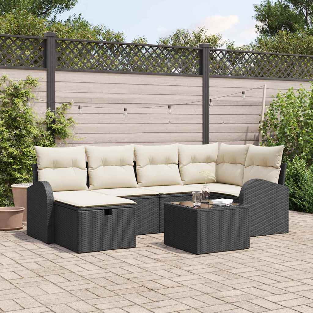 JUNG Vida Sofa Set mit Kissen 7 pcs Schwarz und Creme Poly-Rattan