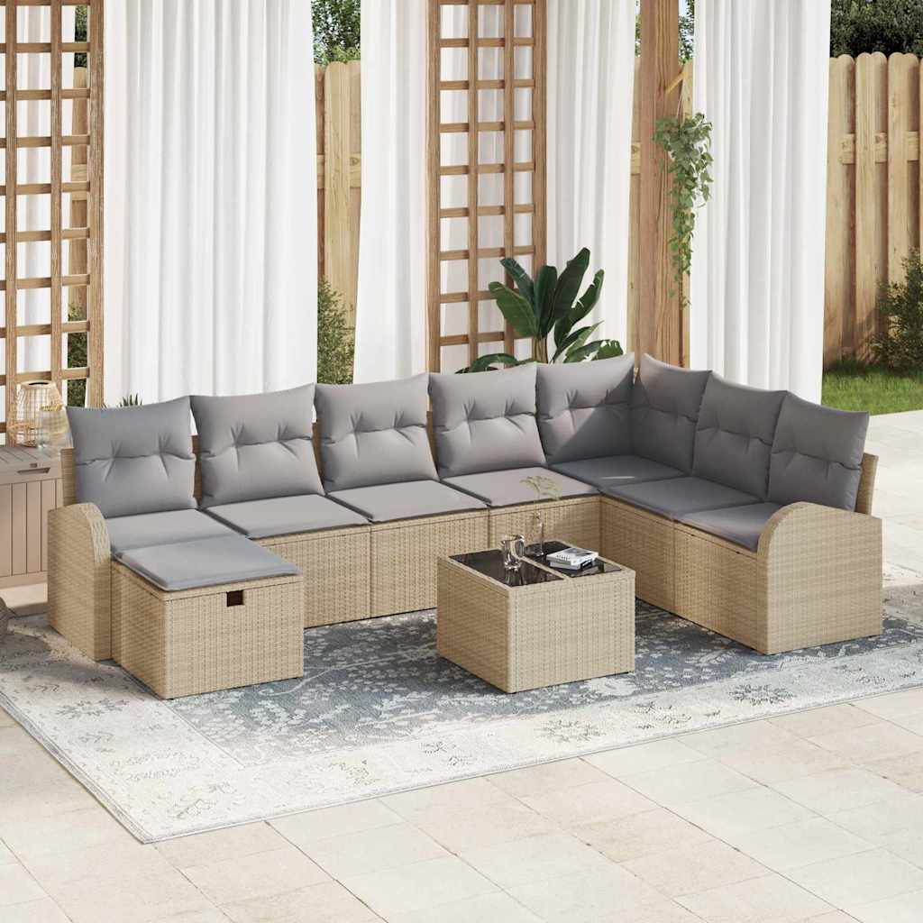 JUNG Vida Sofa Set mit Kissen mit Speicher Beige und Hellgrau Poly-Rattan
