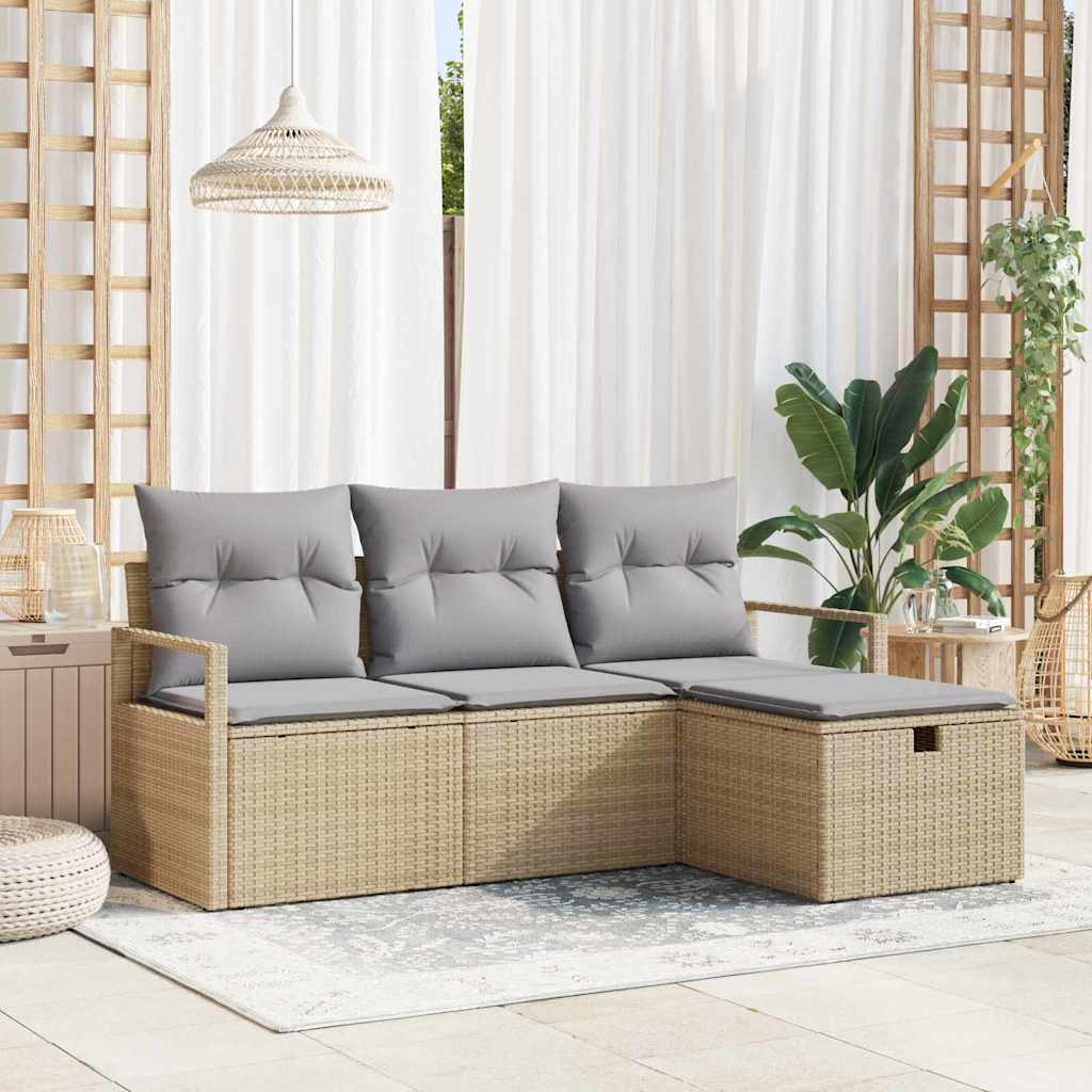 JUNG Vida Sofa Set mit Kissen 4 pcs Beige und Hellgrau Poly-Rattan