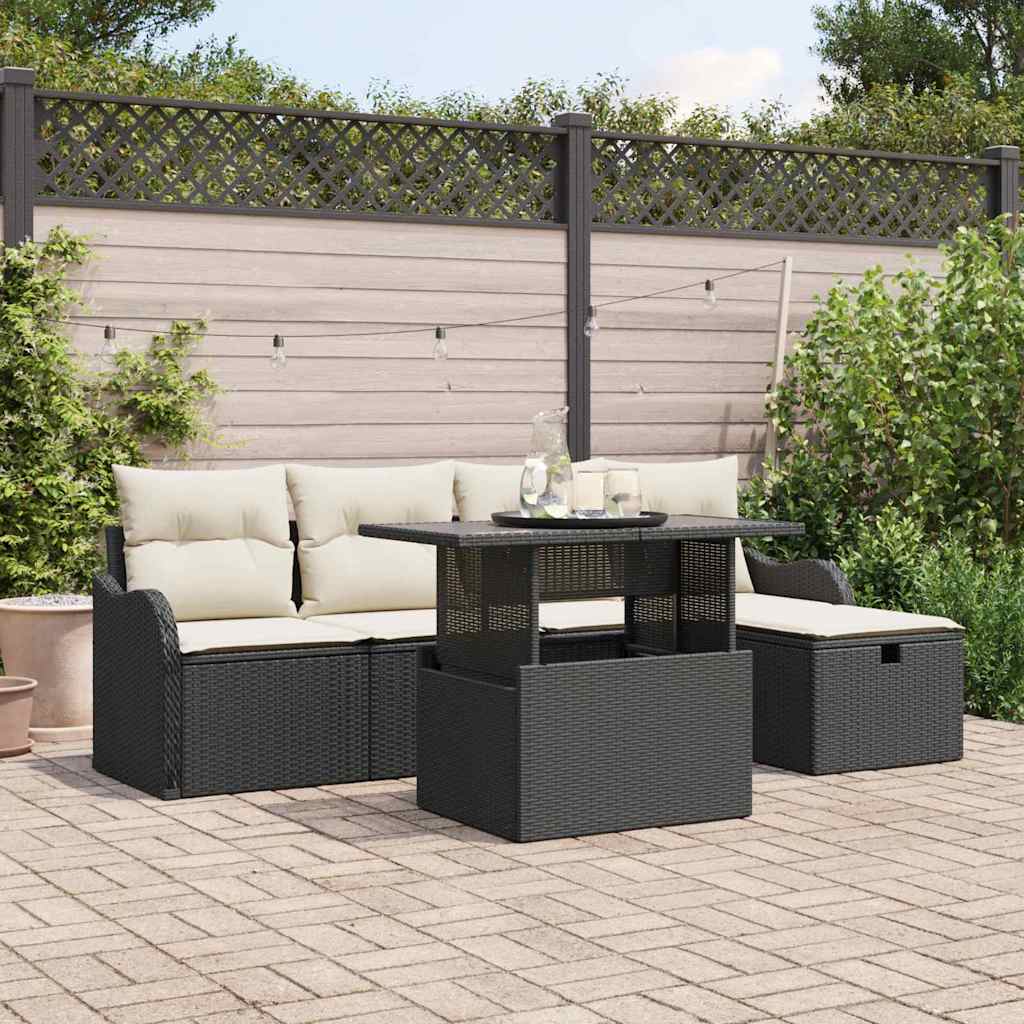 JUNG Vida Garten-Sofa-Set mit Kissen 6 pcs Schwarz Poly Rattan