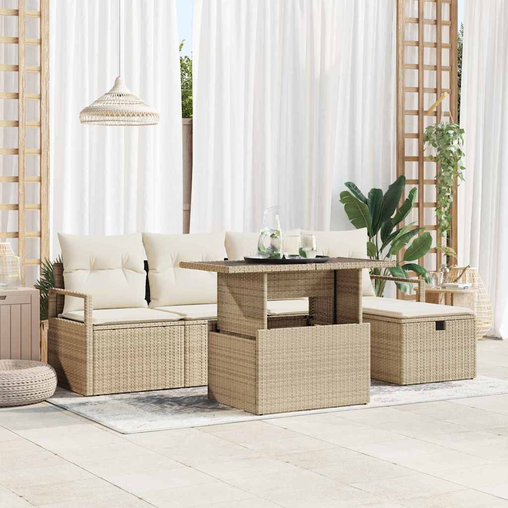 JUNG Vida Garten-Sofa-Set mit Kissen mit Speicher 6 pcs Beige Poly Rattan