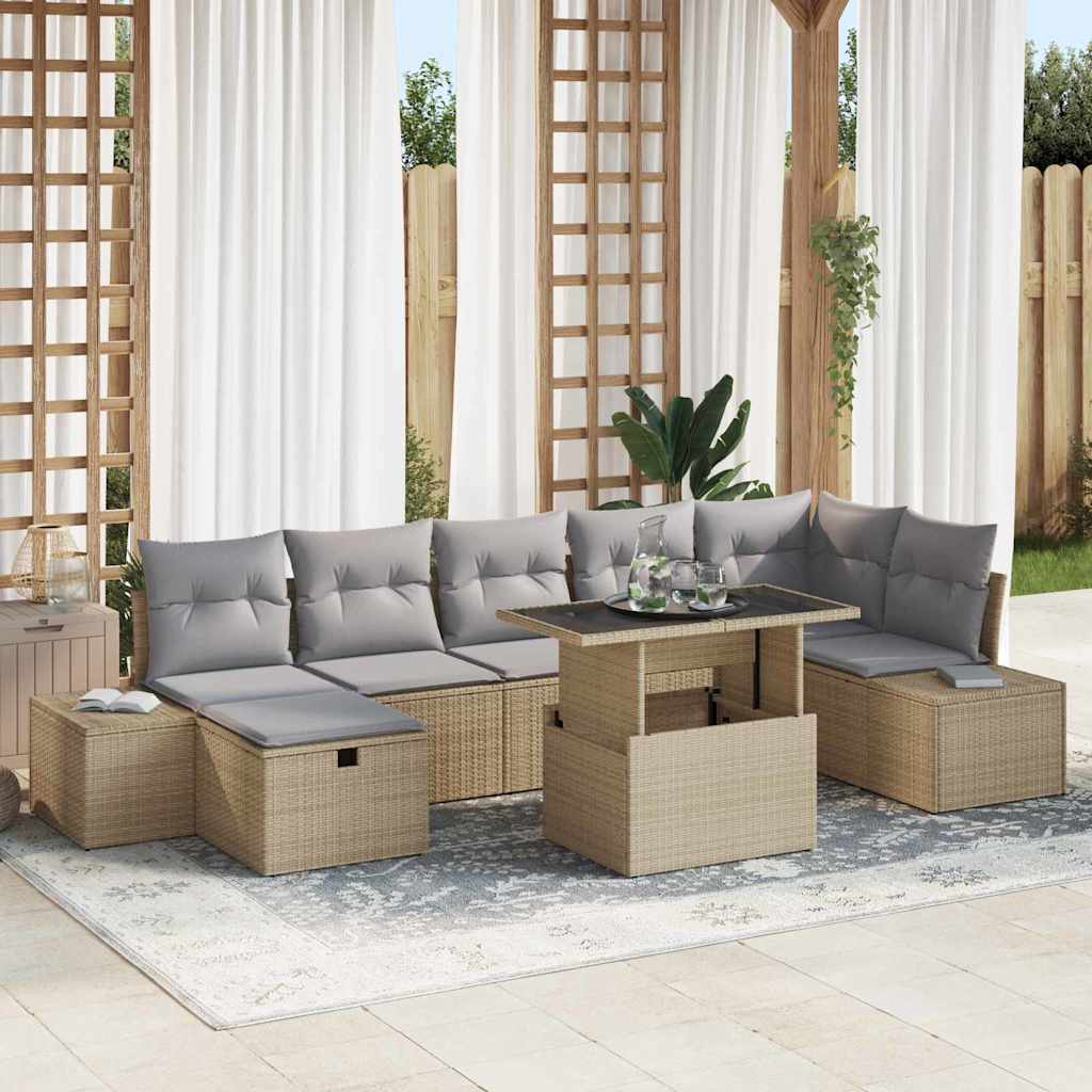 JUNG Vida Garten-Sofa-Set mit Kissen mit Speicher 8 pcs Beige Poly Rattan