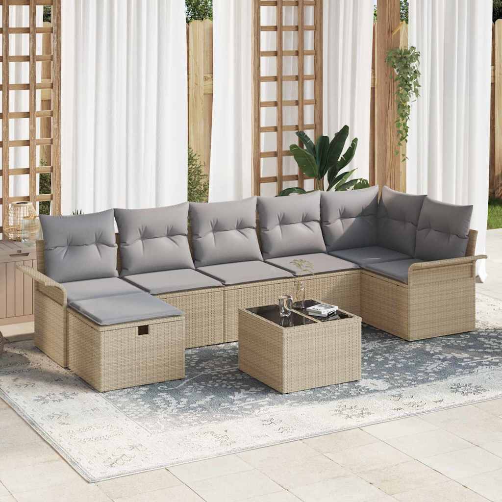 JUNG Vida Garten-Sofa-Set mit Kissen mit Speicher 8 pcs Beige Poly Rattan