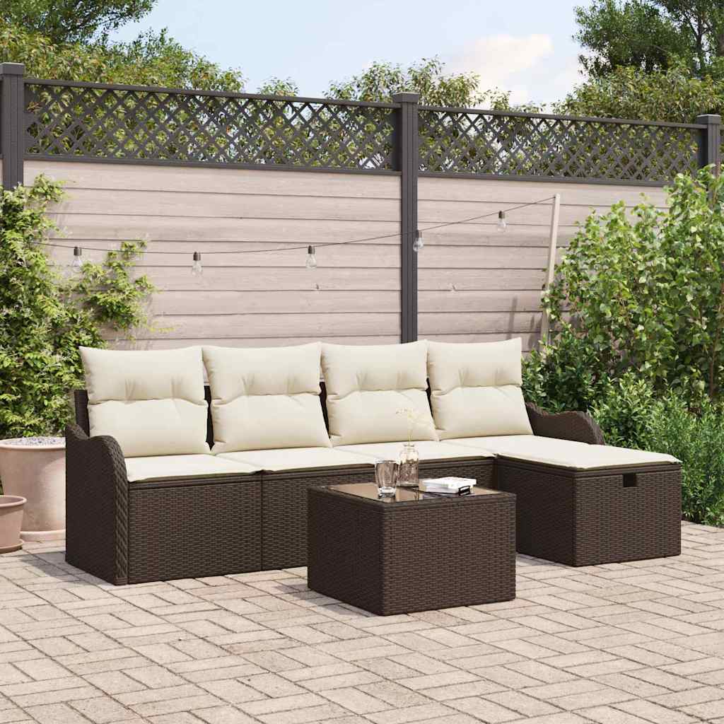 JUNG Vida Garten-Sofa-Set mit Kissen mit Speicher 6 pcs Braun Poly Rattan