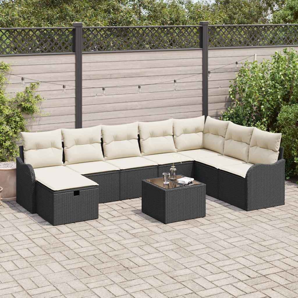 JUNG Vida Garten-Sofa-Set mit Kissen 9 pcs Schwarz Poly Rattan