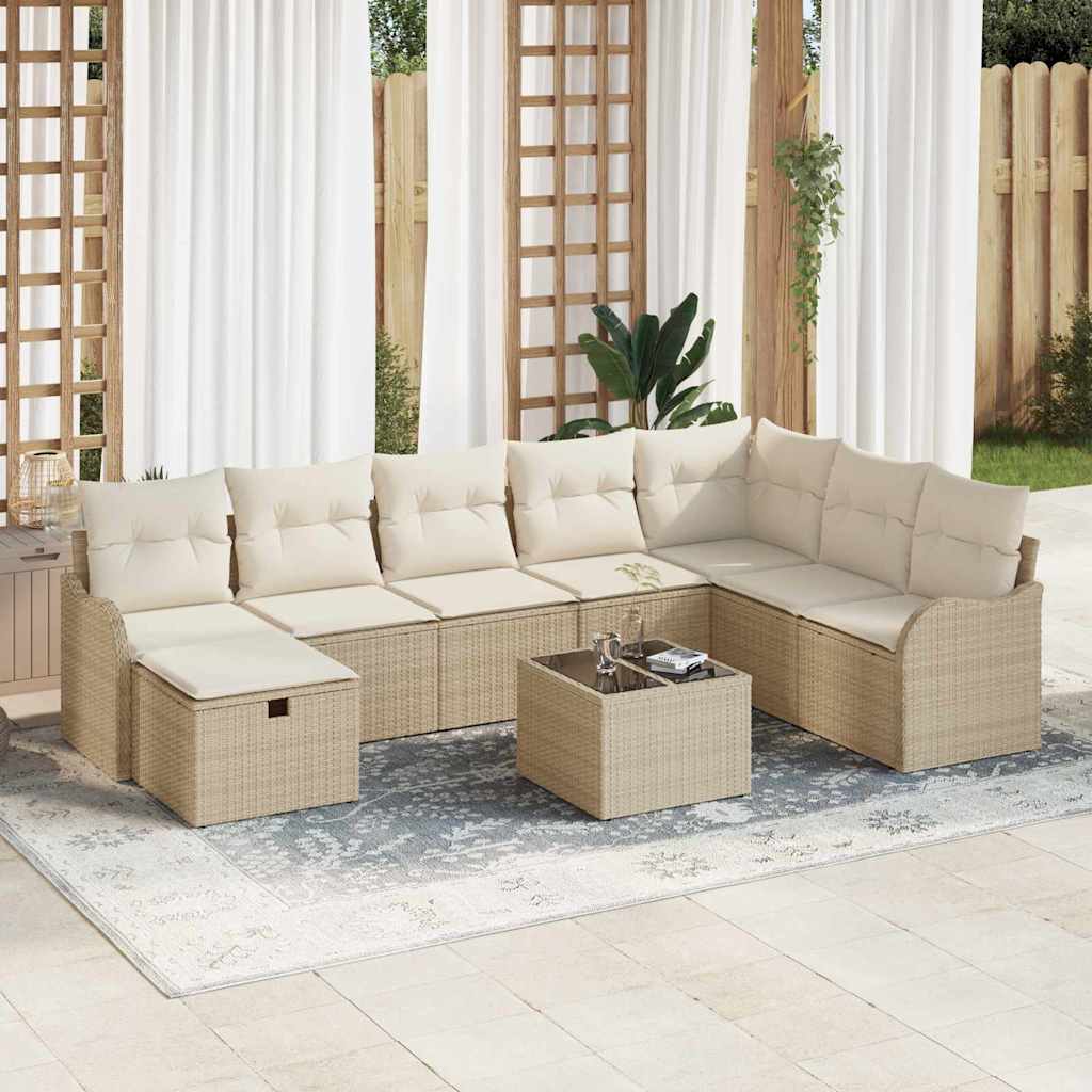 JUNG Vida Garten-Sofa-Set mit Kissen mit Speicher 9 pcs Beige Poly Rattan