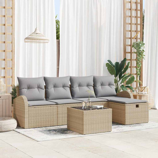 JUNG Vida Garten-Sofa-Set mit Kissen mit Speicher 6 pcs Beige Poly Rattan