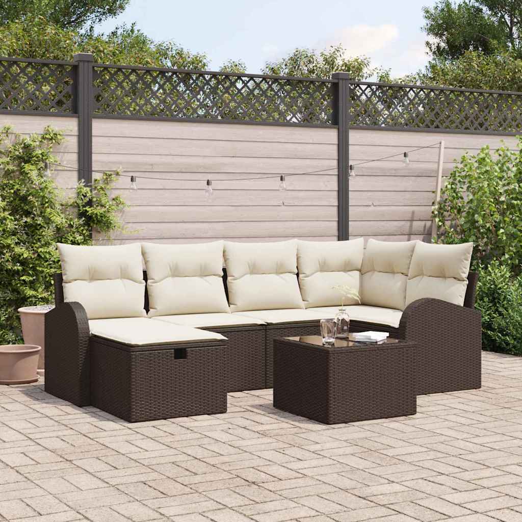 JUNG Vida Garten-Sofa-Set mit Kissen mit Speicher 7 pcs Braun Poly Rattan