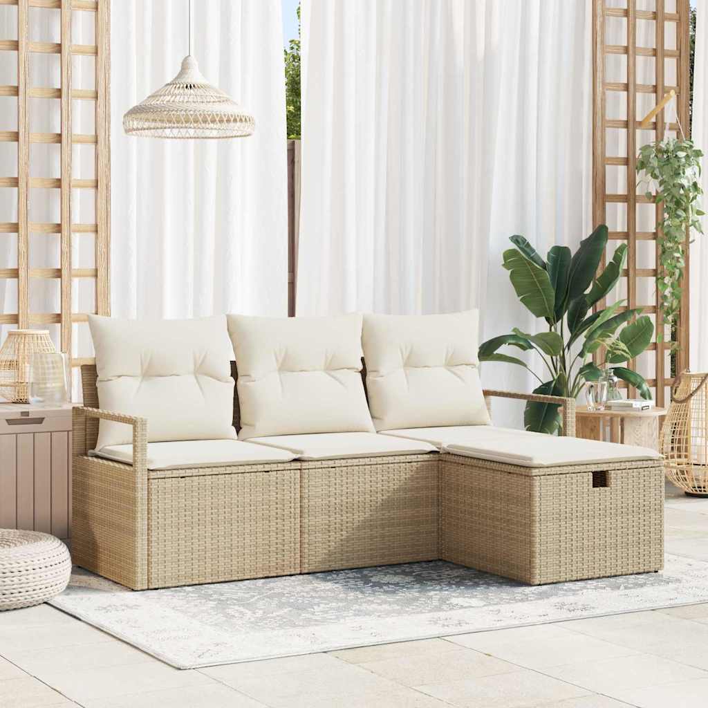 JUNG Vida Garten-Sofa-Set mit Kissen mit Speicher 4 pcs Beige Poly Rattan