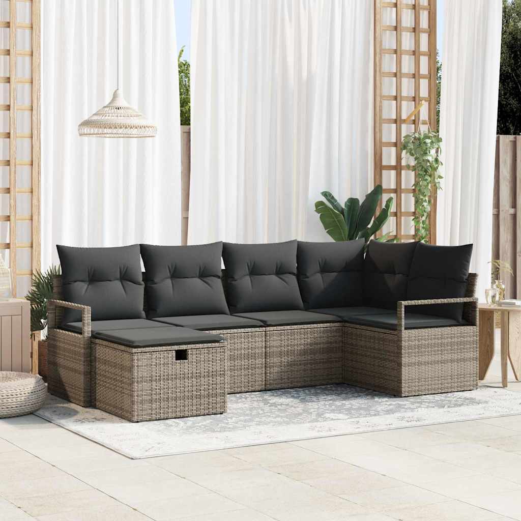 JUNG Vida Garten-Sofa-Set mit Kissen mit Speicher 6 pcs Grau Poly Rattan