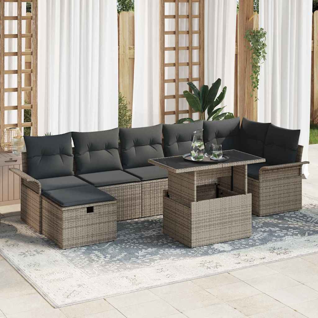 JUNG Vida Garten-Sofa-Set mit Kissen mit Speicher 8 pcs Grau Poly Rattan