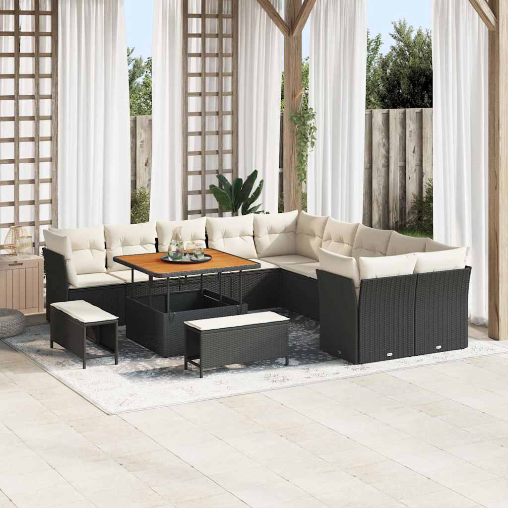 JUNG Vida Gartensofa-set mit Kissen 13 pcs Schwarz und Creme Poly-Rattan