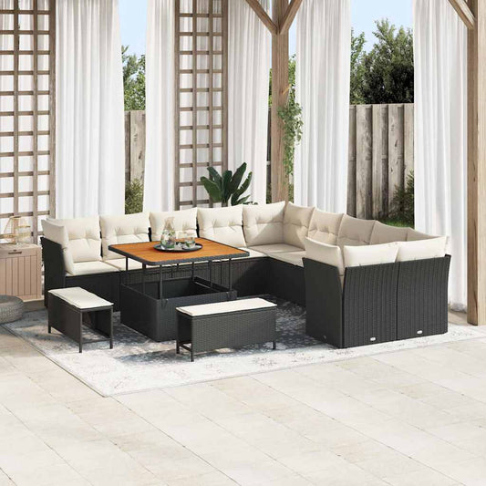 JUNG Vida Gartensofa-set mit Kissen 13 pcs Schwarz und Creme Poly-Rattan