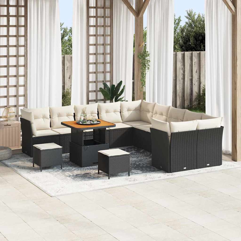 JUNG Vida Gartensofa-set mit Kissen 13 pcs Schwarz und Creme Poly-Rattan