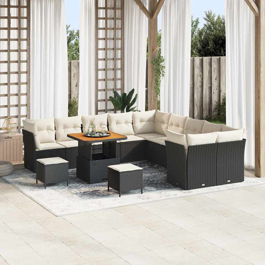 JUNG Vida Gartensofa-set mit Kissen 13 pcs Schwarz und Creme Poly-Rattan