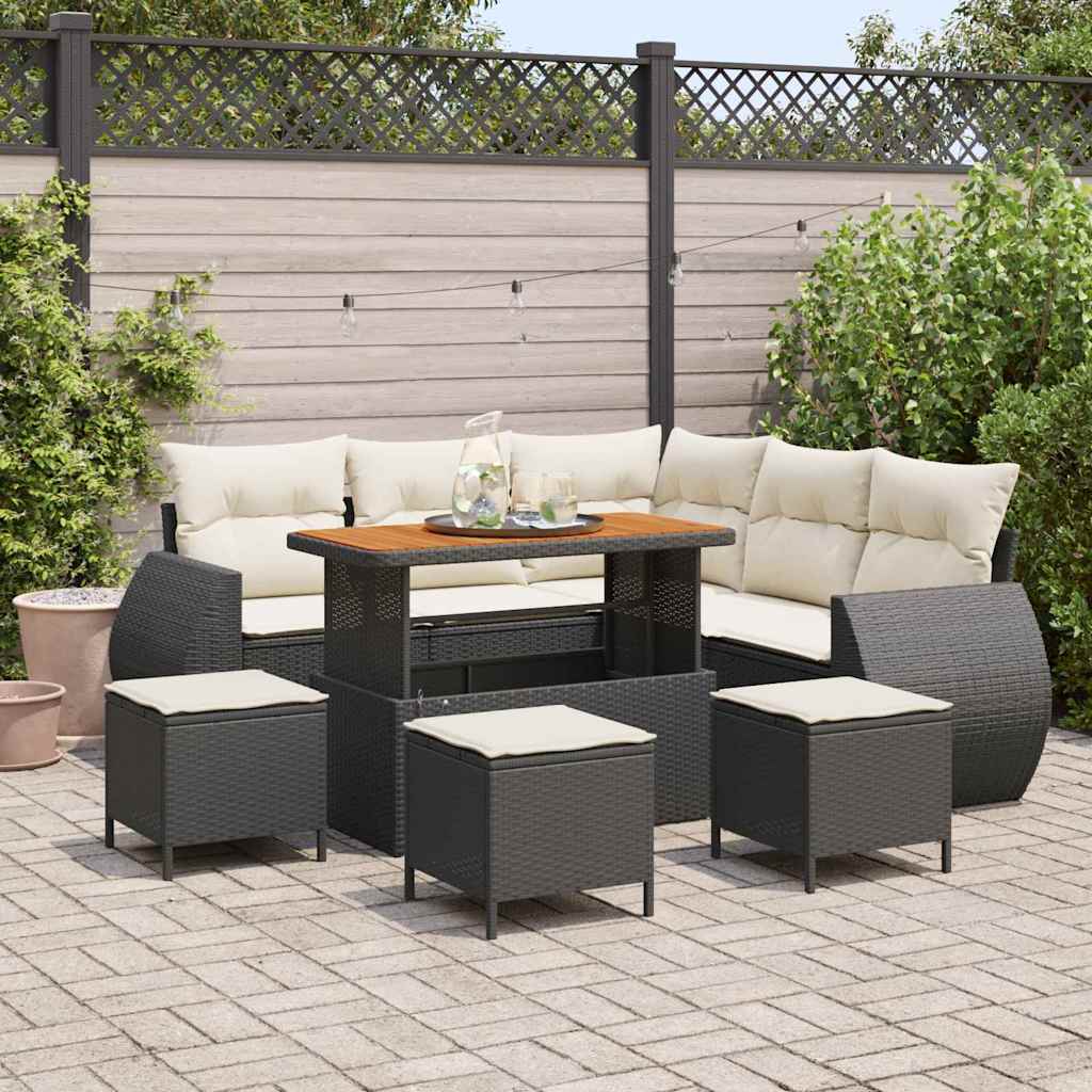 JUNG Vida Gartensofa-set mit Kissen 9 pcs Schwarz und Creme Poly-Rattan