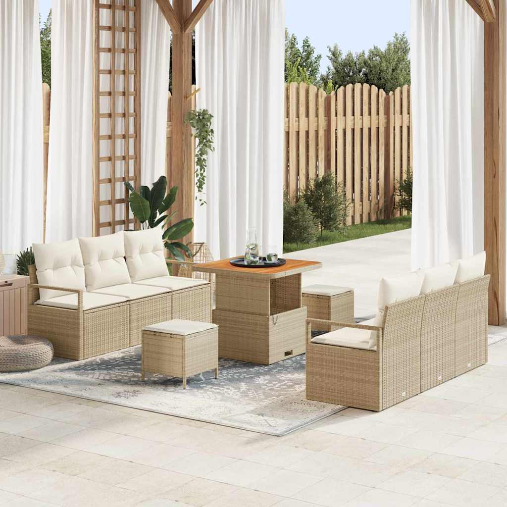 JUNG Vida Garten-Sofa-Set mit Speicher 9 pcs Beige Poly Rattan
