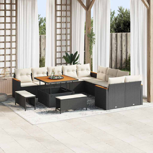 JUNG Vida Gartensofa-set mit Kissen 13 pcs Schwarz Poly-Rattan