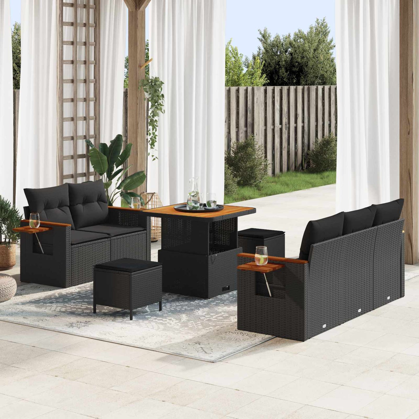 JUNG Vida Gartensofa-set mit Kissen 10 pcs Schwarz Poly-Rattan