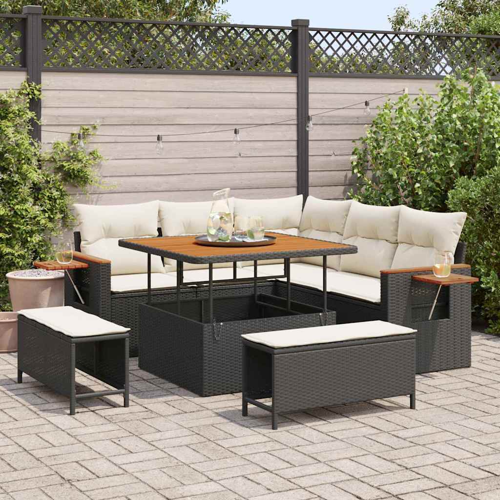JUNG Vida Gartensofa-set mit Kissen 9 pcs Schwarz und Creme Poly-Rattan