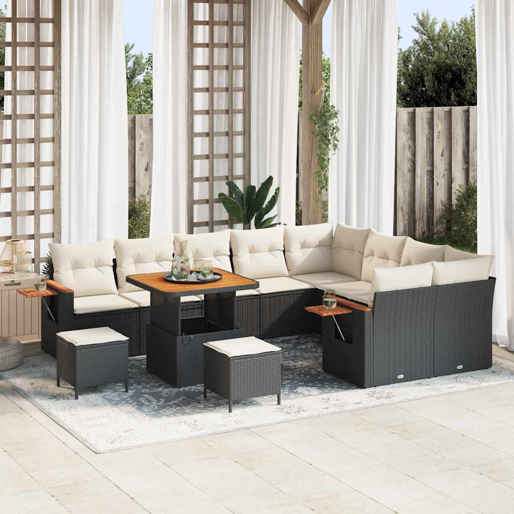 JUNG Vida Gartensofa-set mit Kissen 13 pcs Schwarz und Creme Poly-Rattan