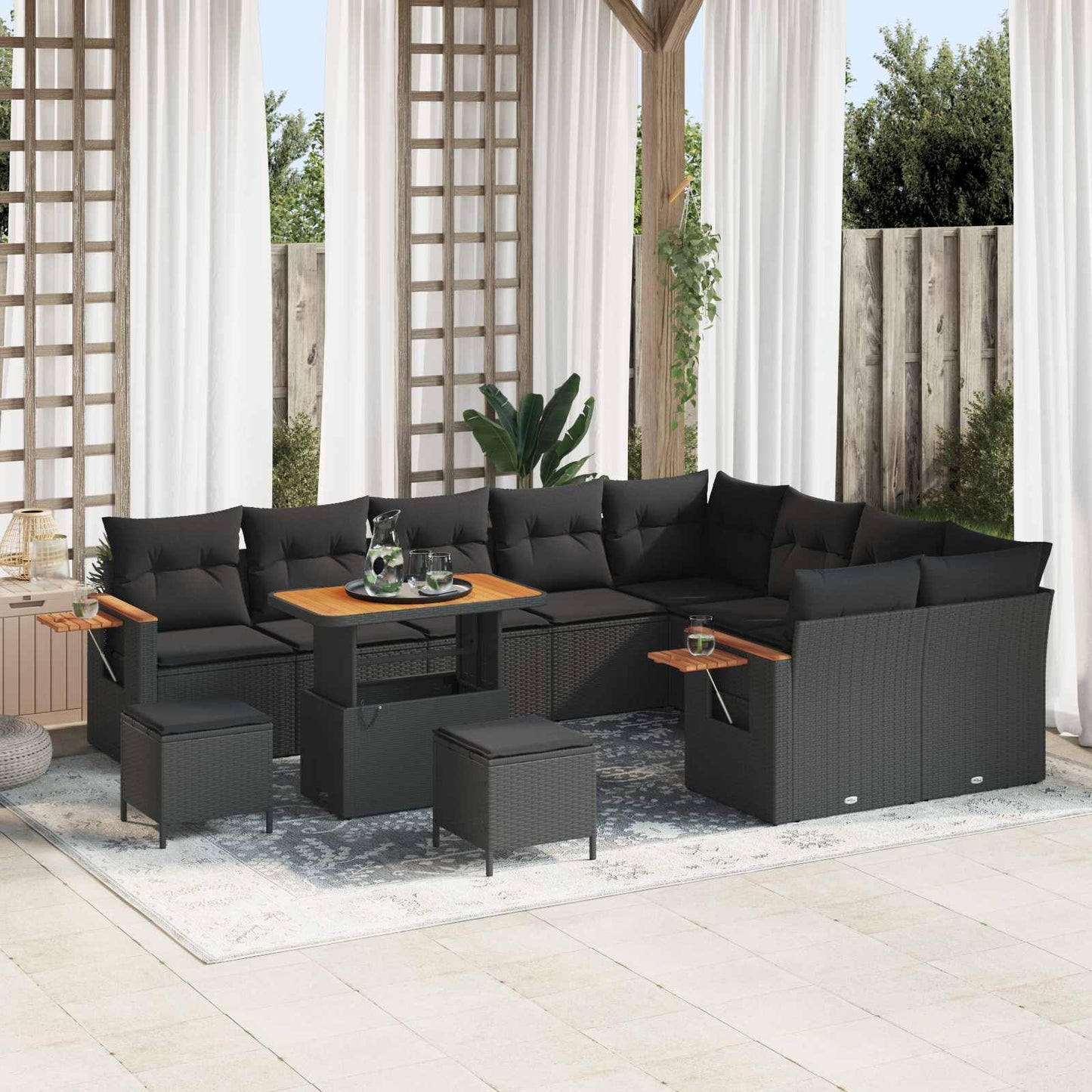 JUNG Vida Gartensofa-set mit Kissen 13 pcs Schwarz Poly-Rattan