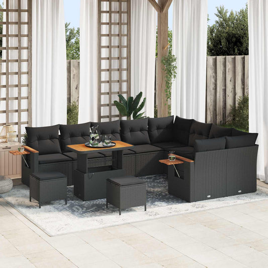 JUNG Vida Gartensofa-set mit Kissen 13 pcs Schwarz Poly-Rattan