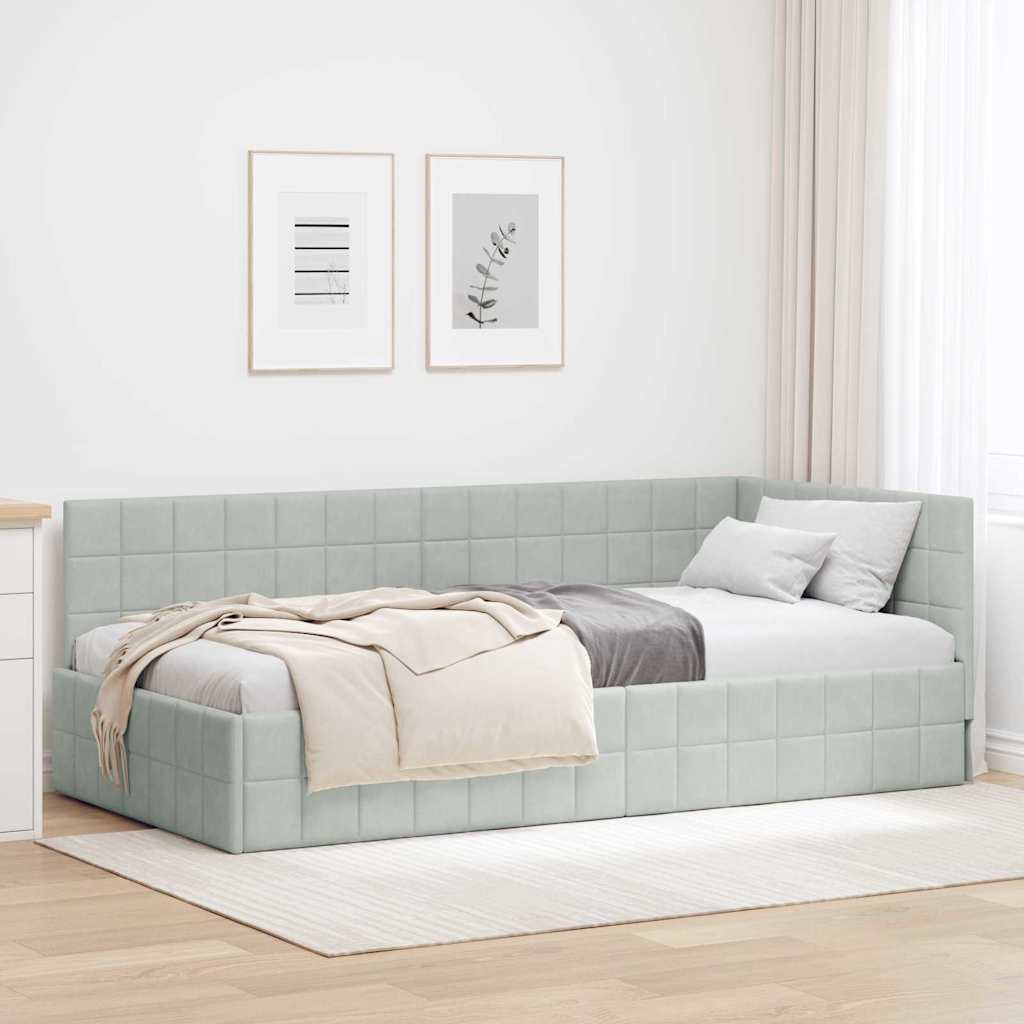 JUNG Vida Eckbettgestell mit Kopfteil Hellgrau 90 cm x 190 cm Samt