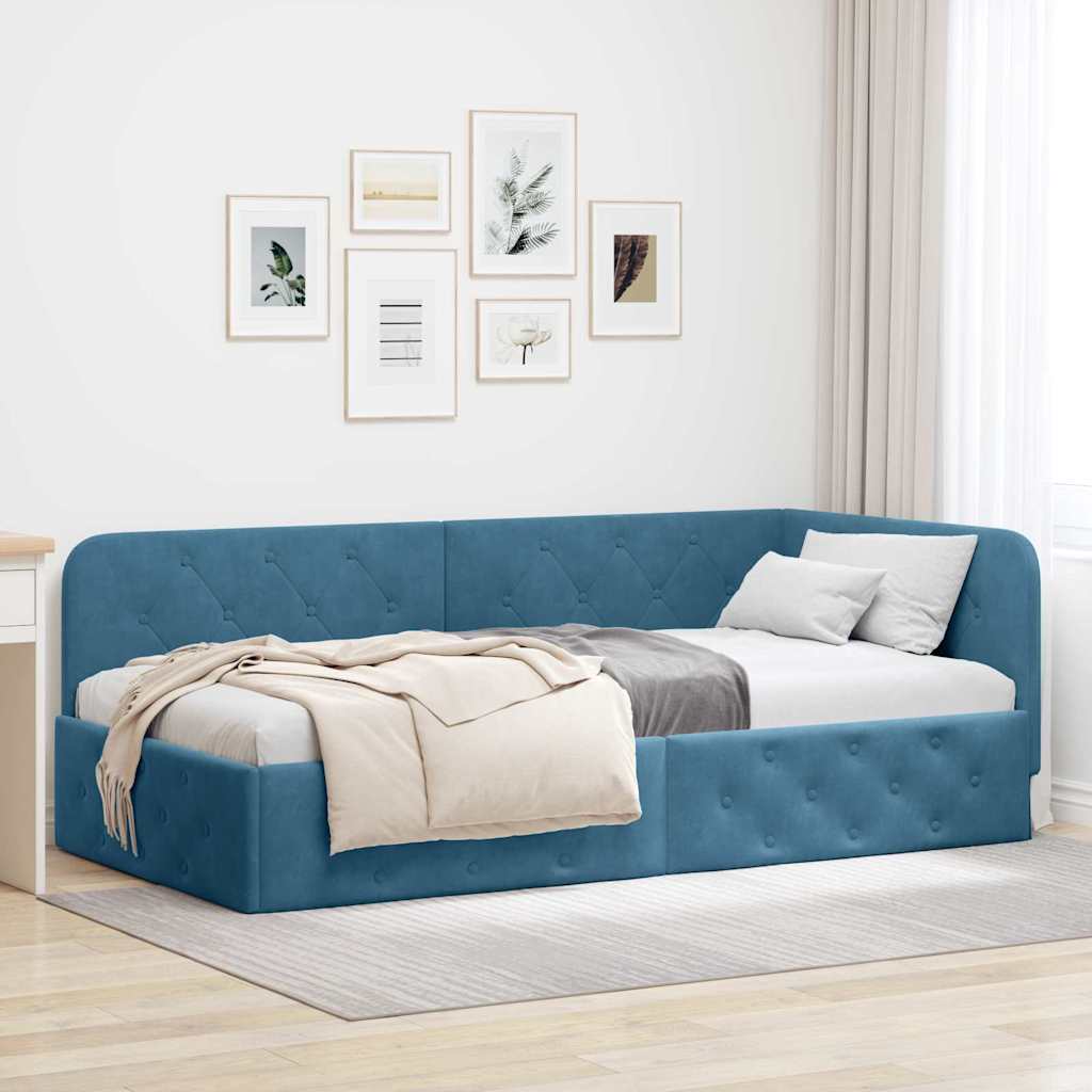 JUNG Vida Eckbettgestell mit Kopfteil Blau 90 x 200 cm Samt