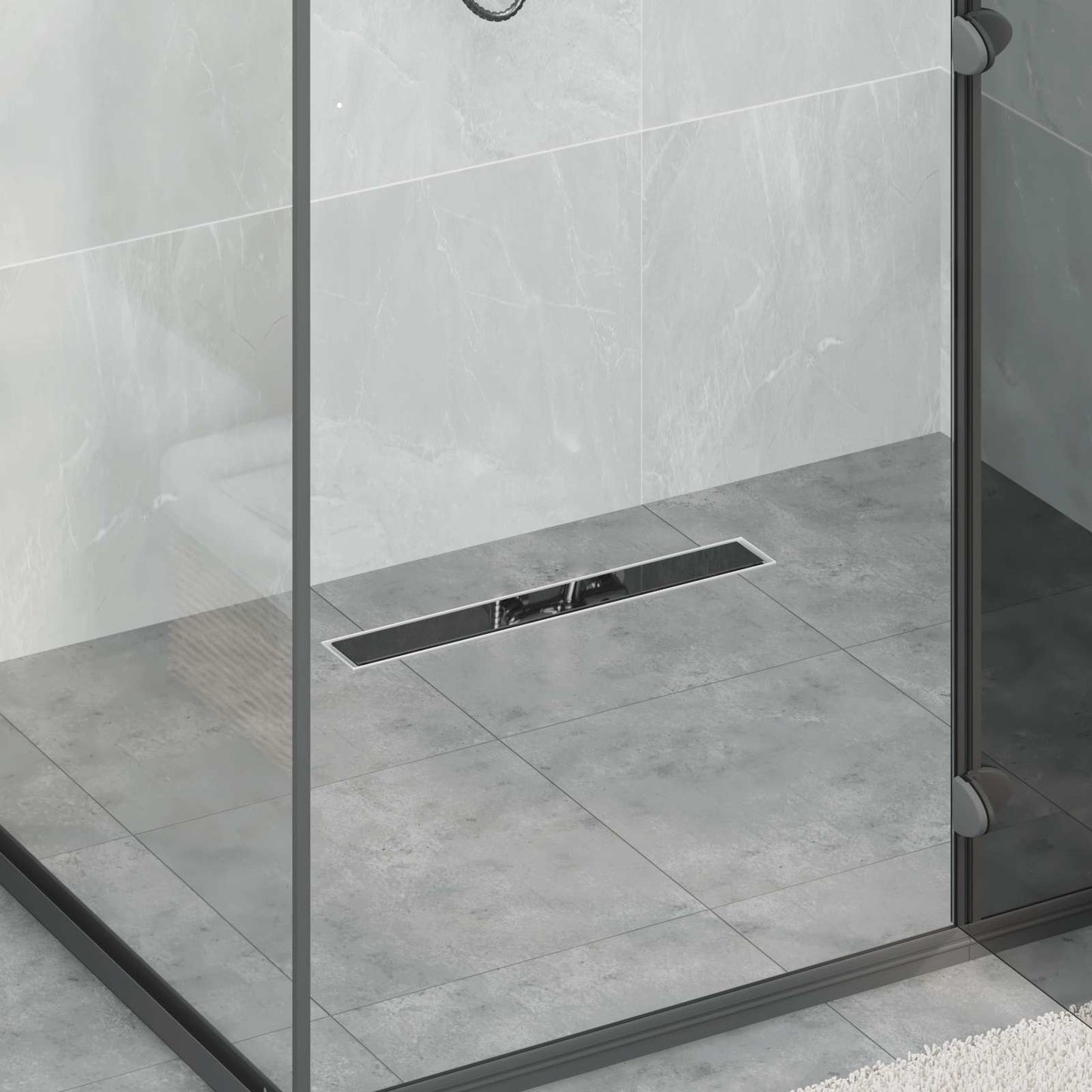 JUNG Vida Duschabfluss mit Glashülle und 360° Siphon Schwarz 50 cm