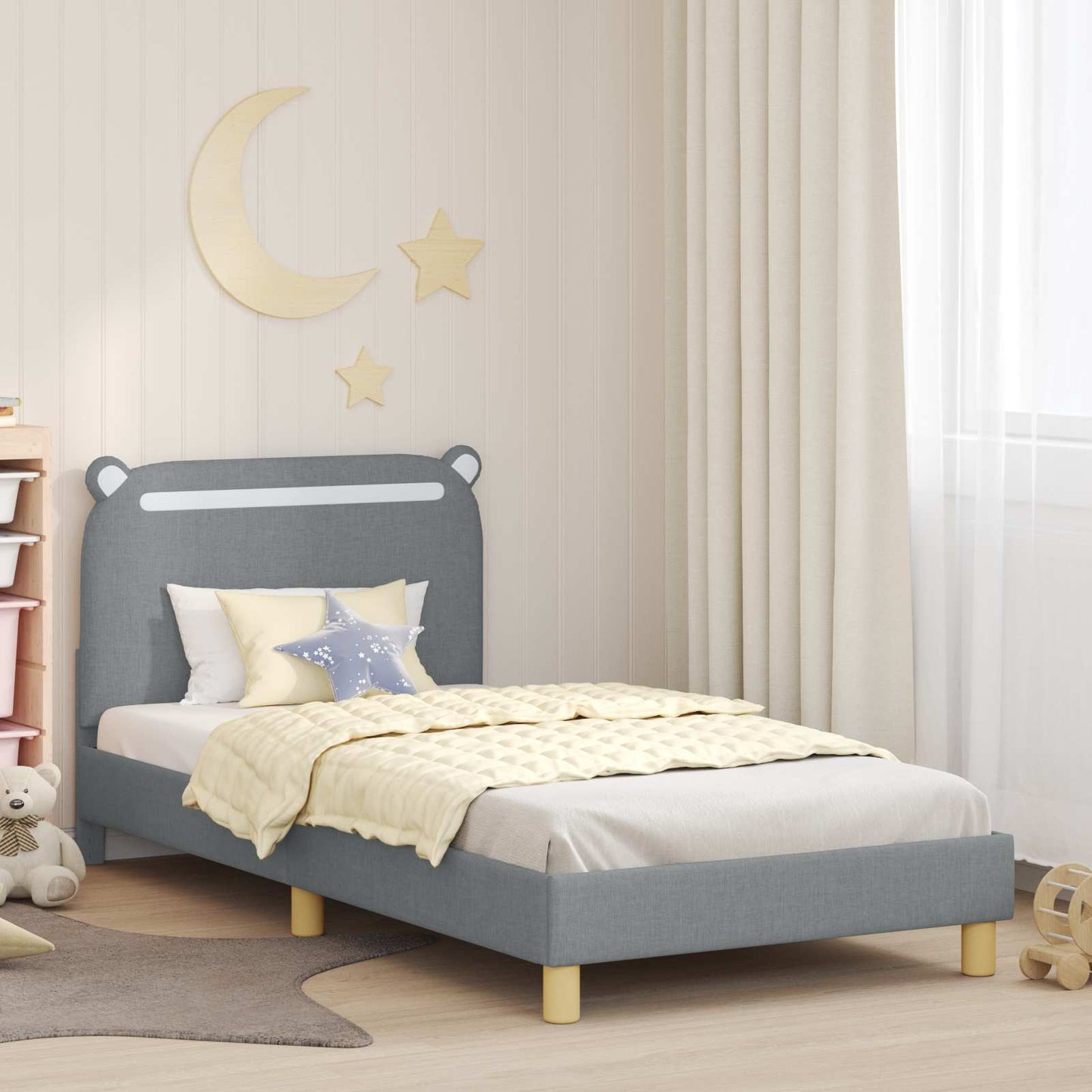 JUNG Vida Kinderbettgestell mit Kopfteil Hellgrau 90 x 200 cm Stoff