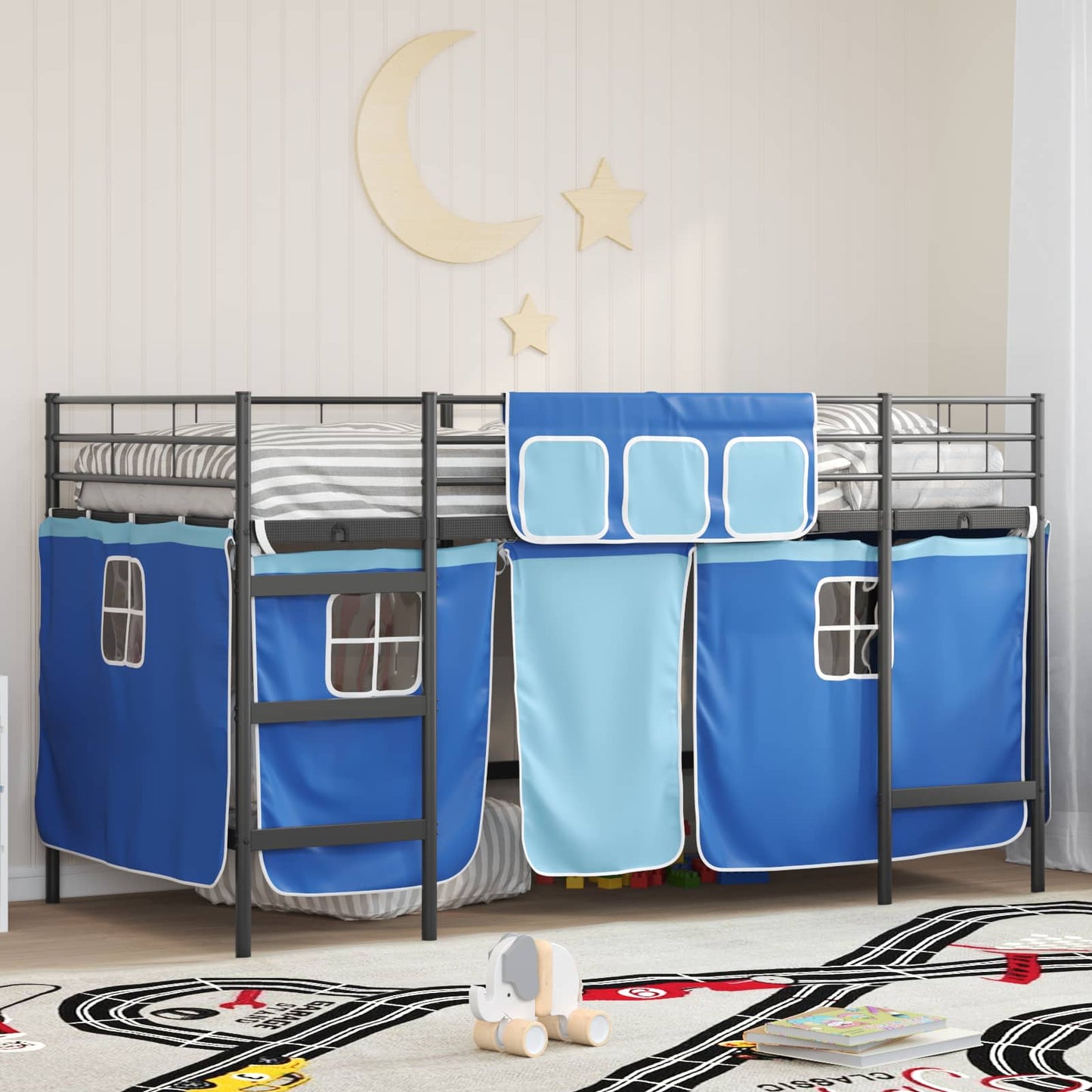 JUNG Vida Kinder Loft Bettgestell mit Vorhängen Schwarz und Blau