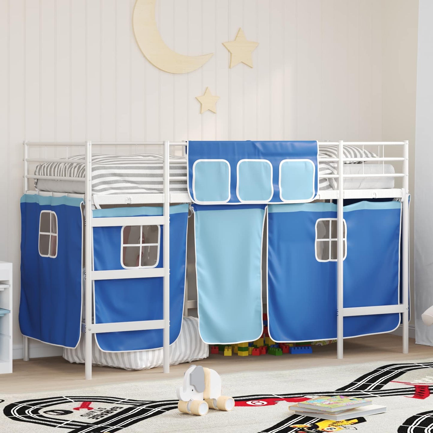 JUNG Vida Kinder Loft Bettgestell mit Vorhängen Weiß und Blau 90 x 190 cm