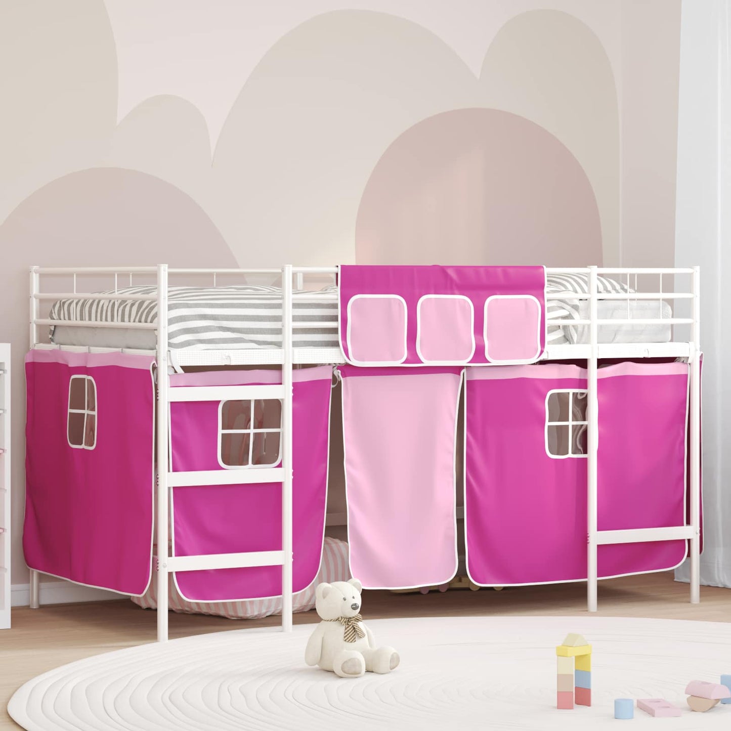 JUNG Vida Kinder Loft Bettgestell mit Vorhängen Weiß und Rosa 80 x 201 cm