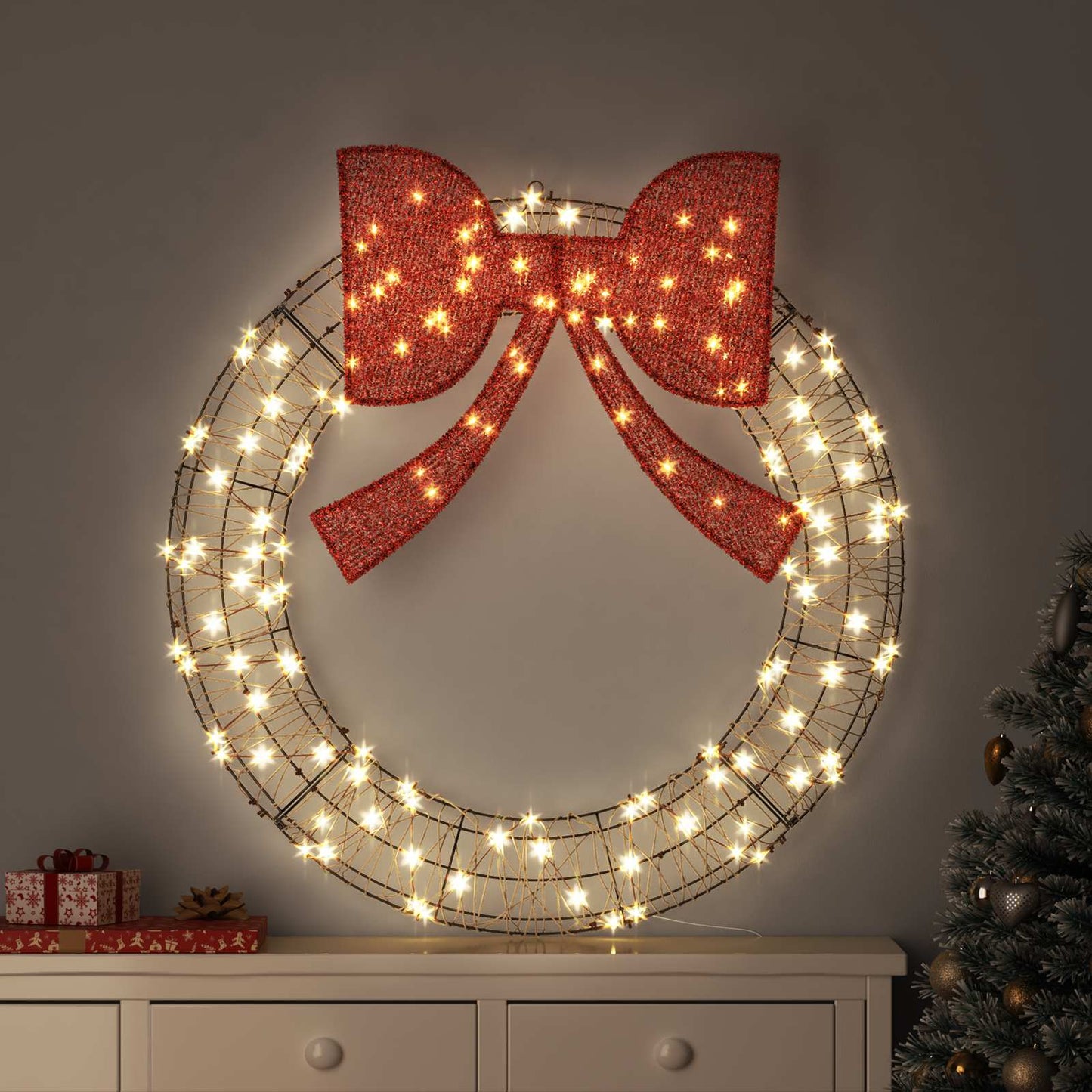 JUNG Vida Kranz mit 150 LEDs Warmweiß 120 cm Rattan
