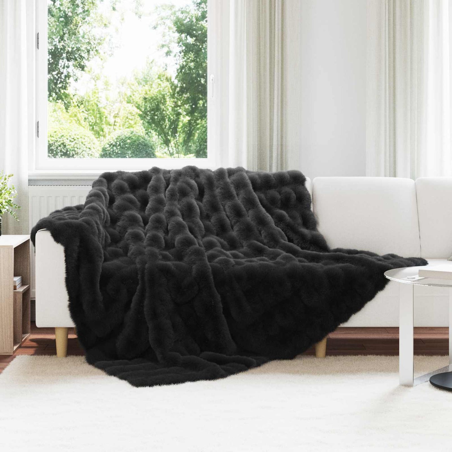JUNG Vida Kunstfell Kaninchenfell Decke Schwarz 220 x 240 cm Polyester