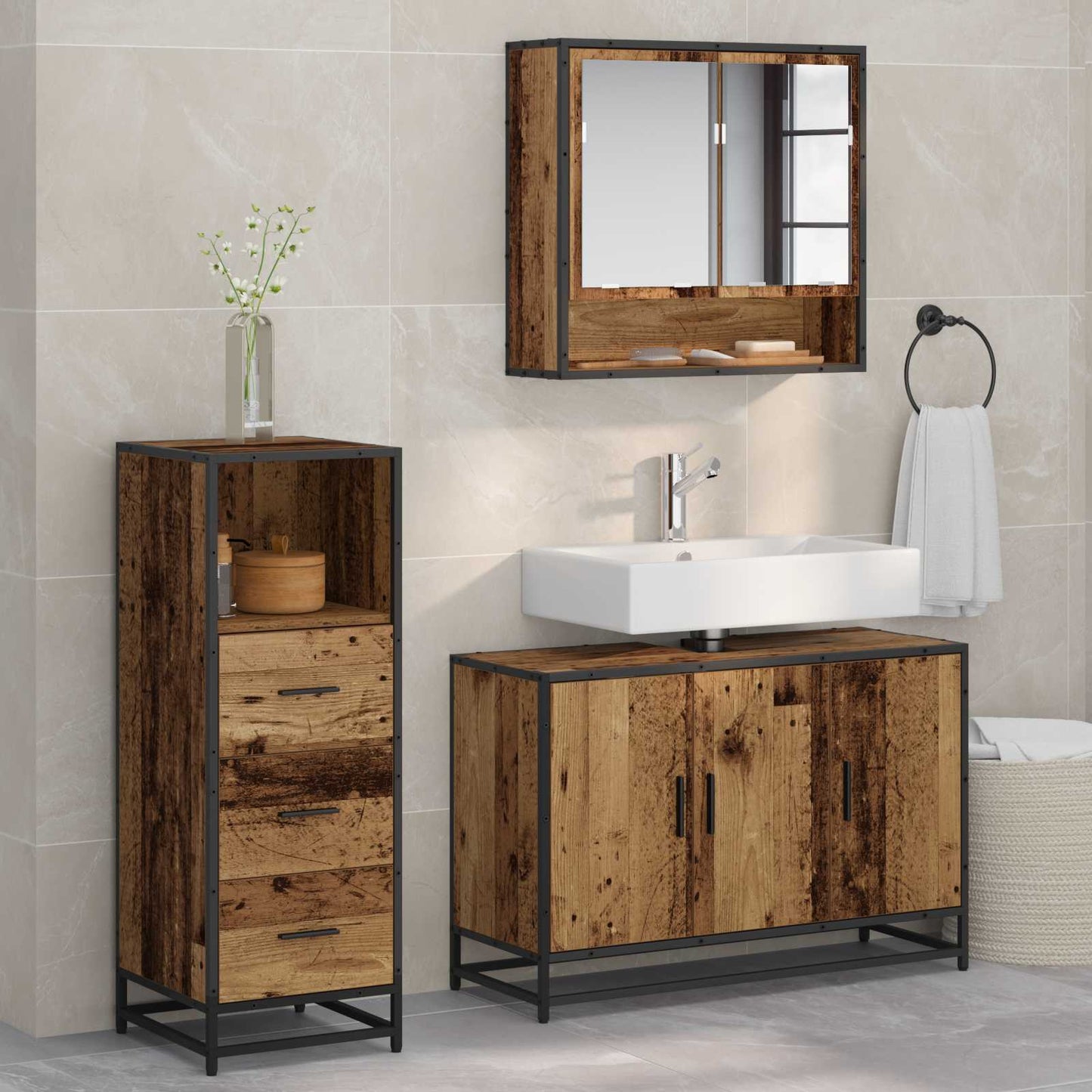 JUNG Vida Badezimmermöbel-Set mit Schubladen 3 pcs Altholz Holzwerkstoff