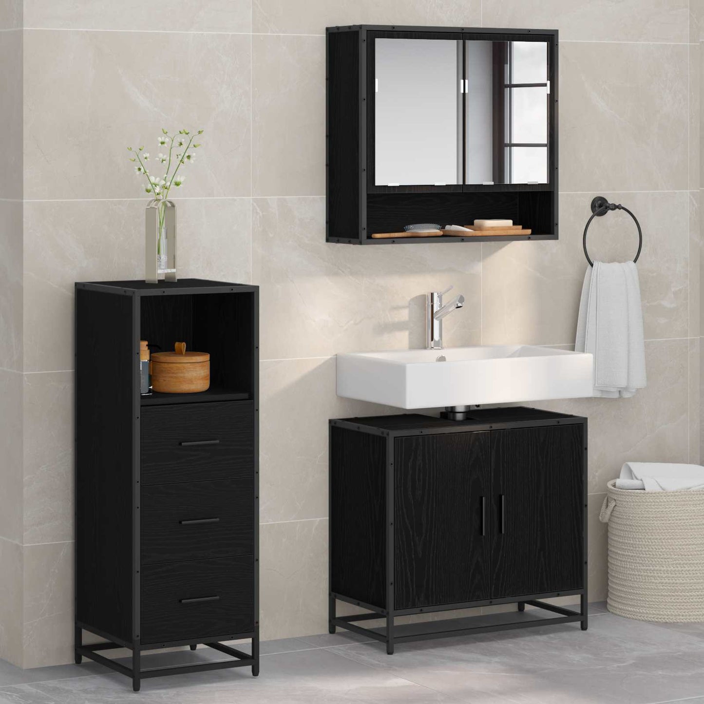 JUNG Vida Badezimmermöbel-Set 3 pcs Schwarz Eichen-Optik Holzwerkstoff