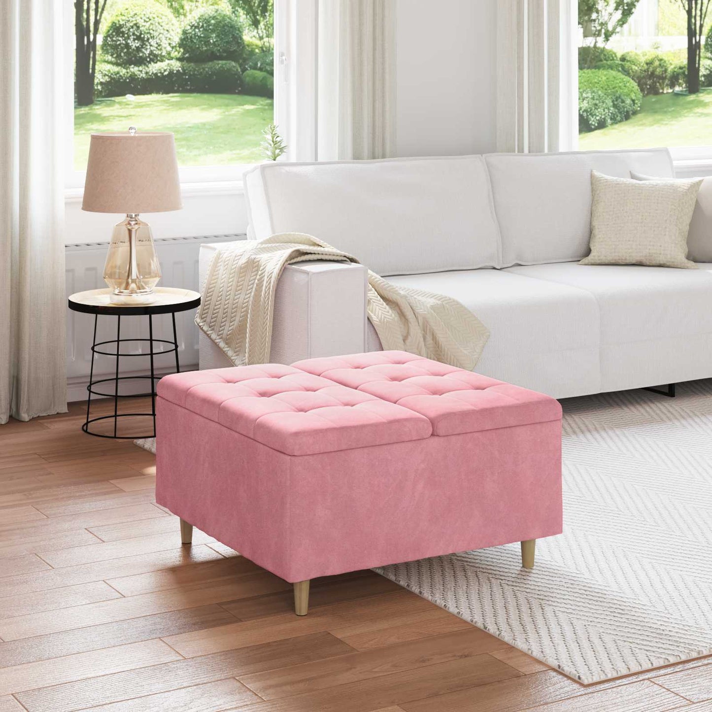 JUNG Vida Knopf Hocker mit Kissen Rosa 80 x 80 x 45 cm Samt