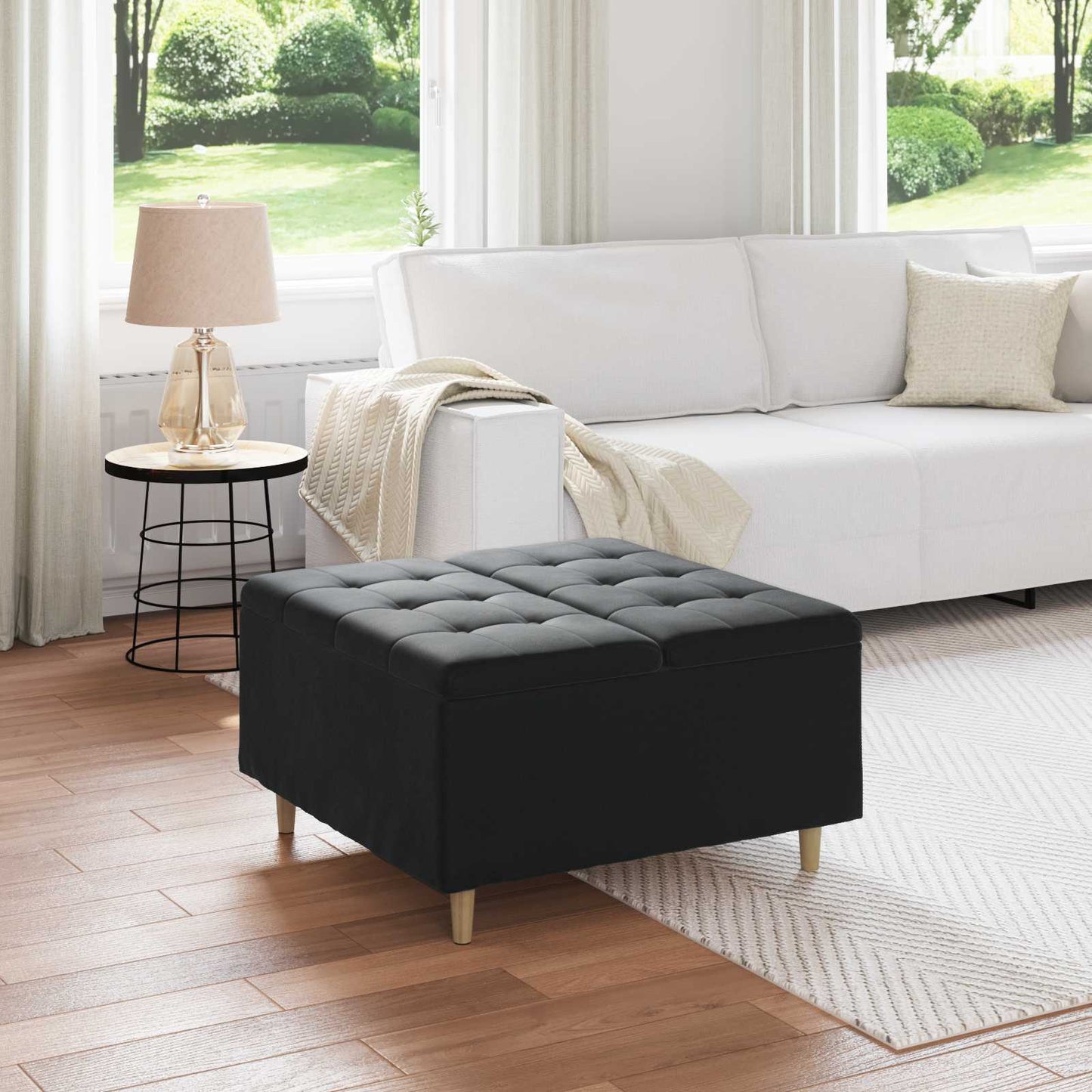 JUNG Vida Knopf Hocker mit Kissen Schwarz 80 x 80 x 45 cm Samt